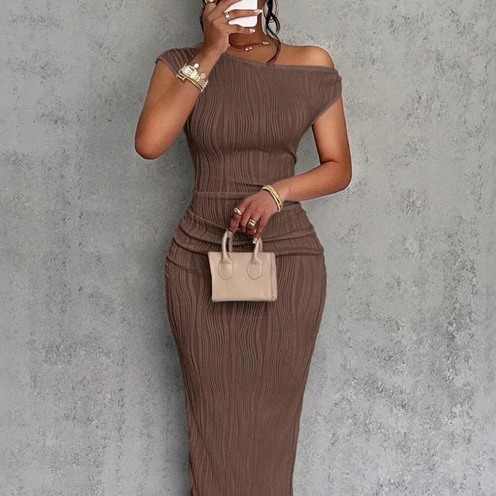 Textured Single Shoulder Bodycon Maxi Dress | Formal Sleeveless Ribbed Dress